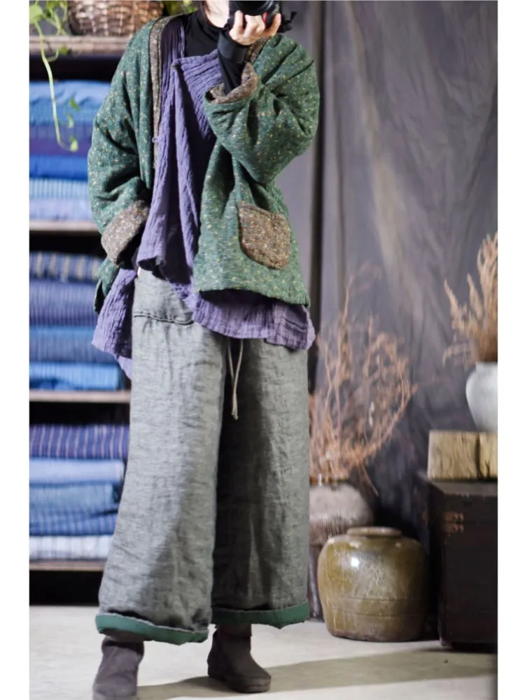 

Wide Leg Women Pants Cotton Linen Coton Padded 2020 Winter Original Loose Elastic Drawstring Pockets Thick Women Trousers