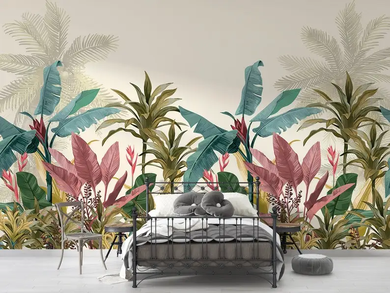 

Colorful Leaves Wall Decal, Pastel Colors Tropical Forest Wallpaper Mural, Diner Room Exotic Banana Trees Mural, Self Adhesive W