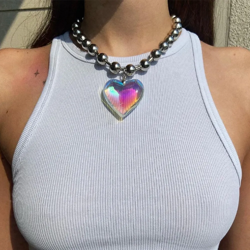

Punk Colorful Glass Love Heart Pendant Necklaces for Women Men 2023 Trendy Simple Big Beaded Chain Necklace Party Jewelry Gift