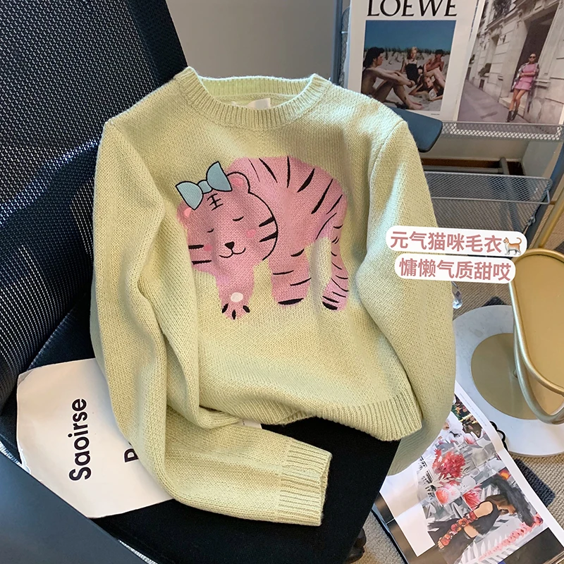 

Женский свитер с вышивкой и мультяшным принтом, Свободный пуловер с длинным рукавом в винтажном стиле Харадзюку, повседневная трикотажная ...