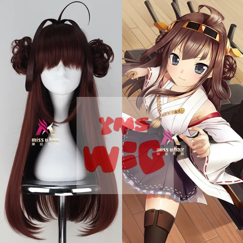 Kantai Collection Косплей Kongou 70 см длинные прямые красновато-каштановые волосы с двумя