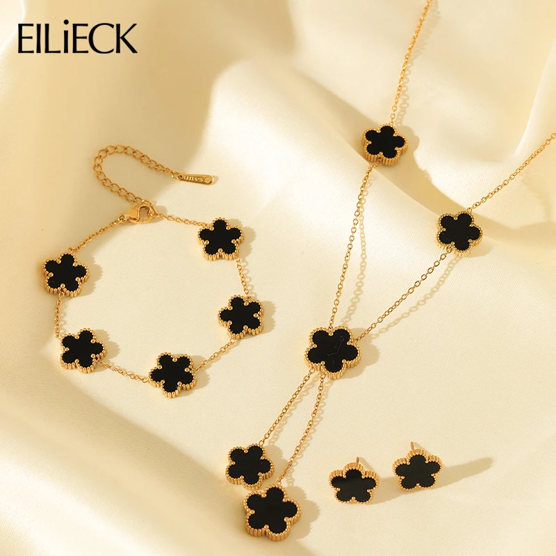 EILIECK Нержавеющая сталь 316L 1 комплект женское черное ожерелье с пятью лепестками