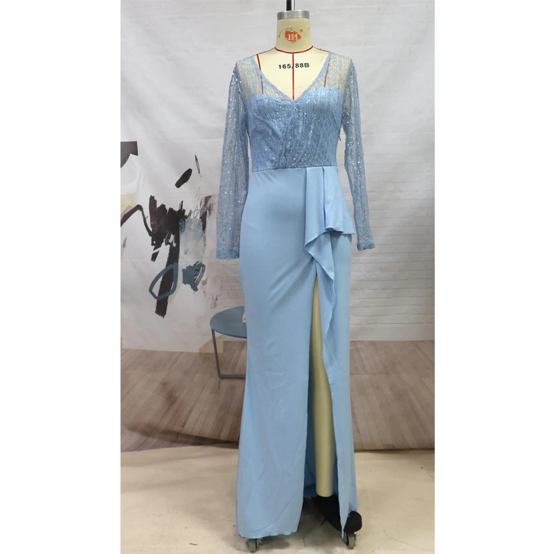 

Women Long Sleeve V Neck High Split Ruffle Sequined Lace Sexy Prom Cocktail Evening Party Maxi Long dress