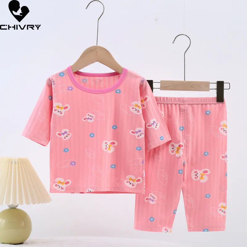 

Пижамный комплект детский тонкий Шелковый, рубашка с рукавом три четверти и круглым вырезом и штаны, домашняя одежда с мультяшным рисунком ...