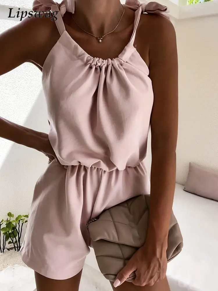 

Solid Color Sleeveless Suspend Jumpsuits For Women Summer Off Shoulder Elegant Playsuits Sexy Lace-up Bow Shorts Romper Overalls