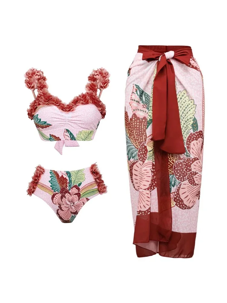 

COOBBU High Waist Bikini Print Women Swimwear Push Up Swimsuits Bathing Suits Beach Wear Three Piece Suit Cover Up