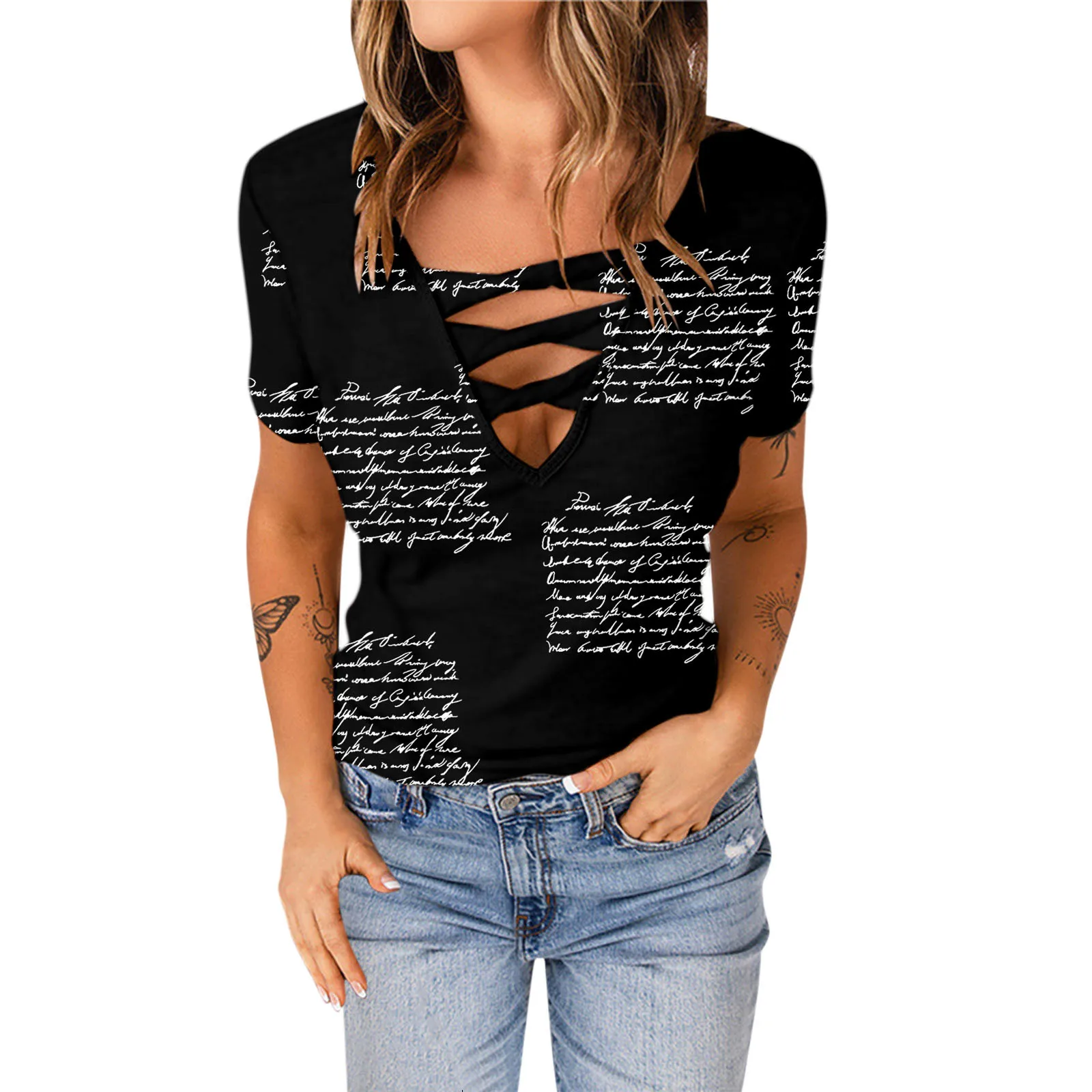 

Женская футболка с V-образным вырезом и коротким рукавом, свободного покроя