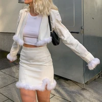 fashion white vintage 2 piece sets y2k 2000s fake fur patchwork crop jackets and slit mini skirts matching suit women outfits