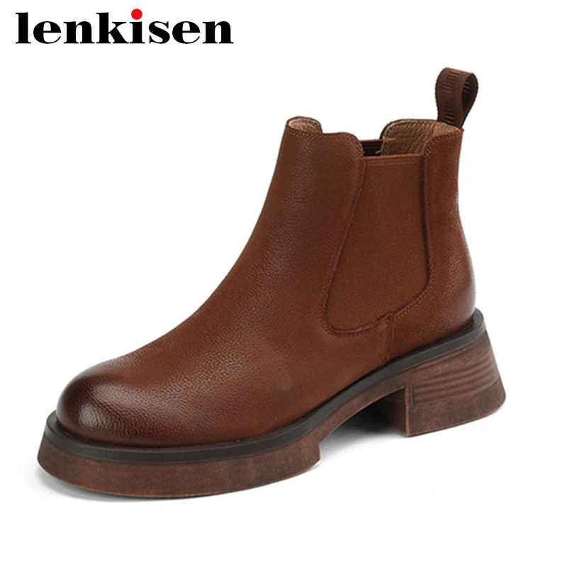 

Lenkisen Superstar Cow Leather Slip on Thick High Heels Chelsea Boots Platform Winter Shoes Casual Retro Comfortable Ankle Boots