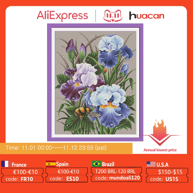 

HUACAN DIY Cross Stitch Embroidery Flowers Cotton Thread Painting Kits Needlework 14CT Home Decoration