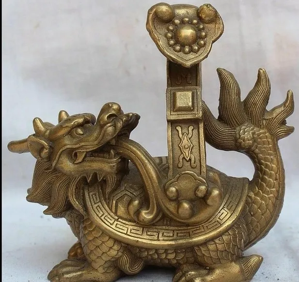 

7inch lucky Chinese Pure Brass handwork Fengshui Dragon Turtle RU YI Statue