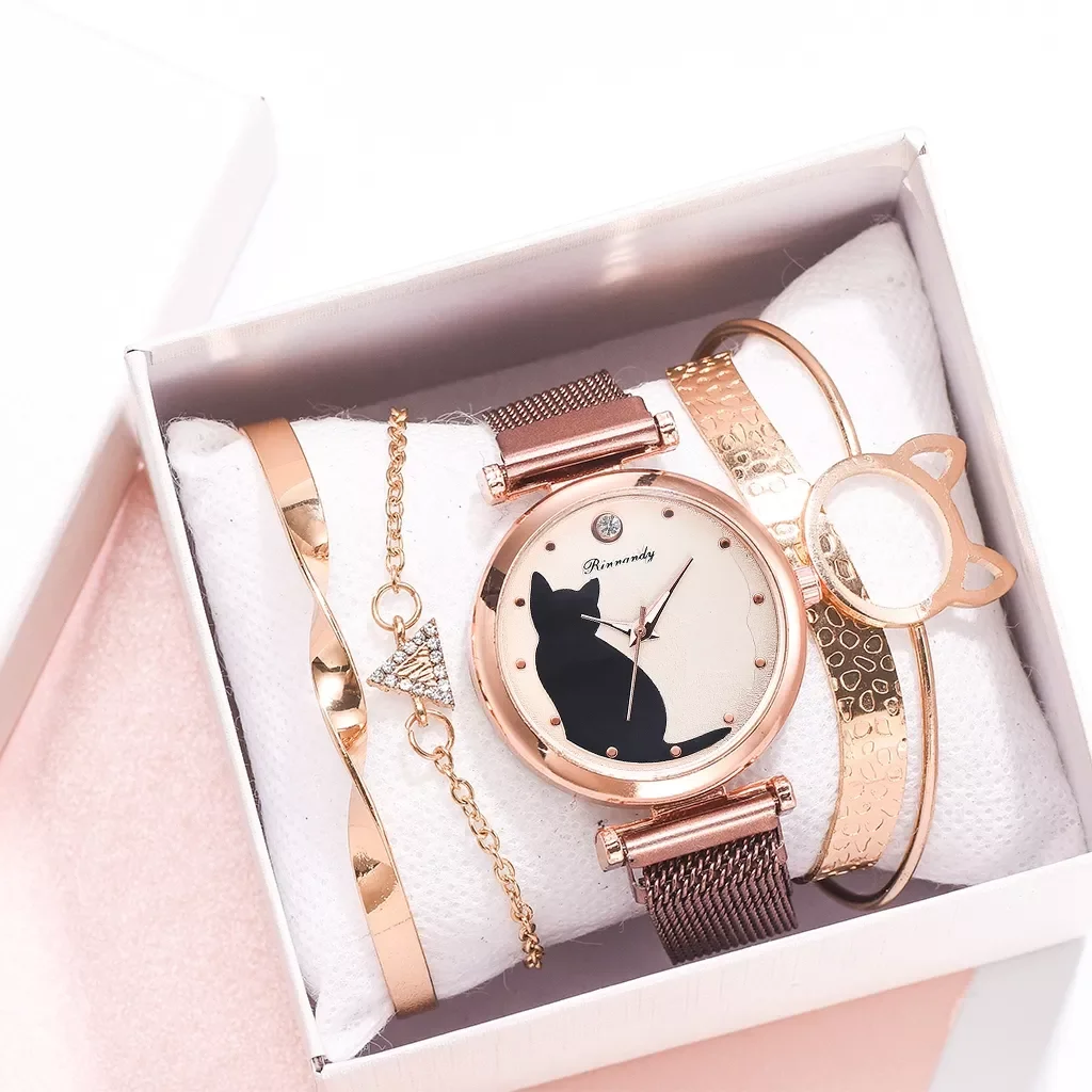 Watch Set Women 5pcs Quartz Wristwatch Mesh Bracelet Cat Dial Luxury Woman Watch Casual Ladies Clock Relogio Femenino