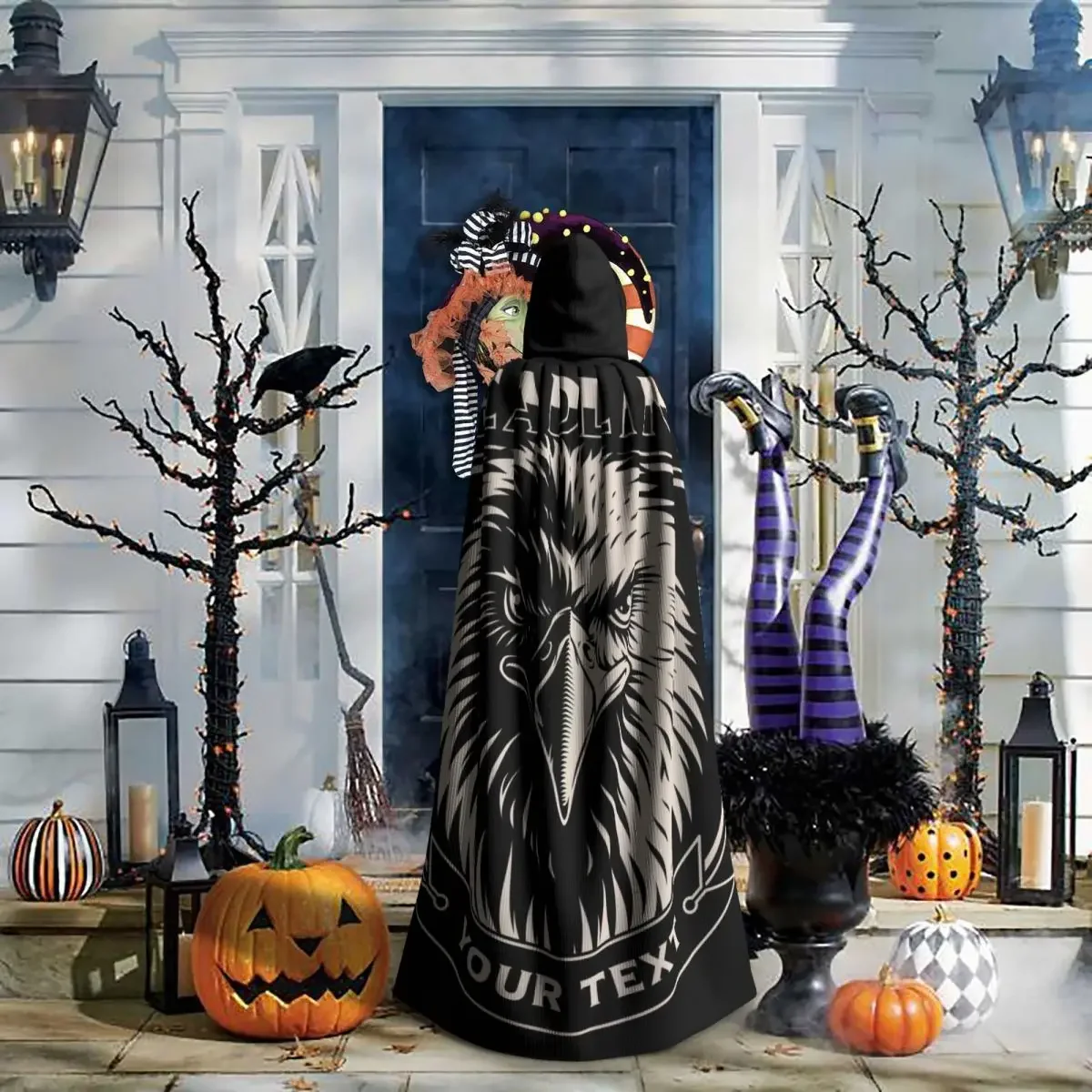 Черно-белая накидка с капюшоном и иллюстрацией головы орла для Хэллоуина косплея