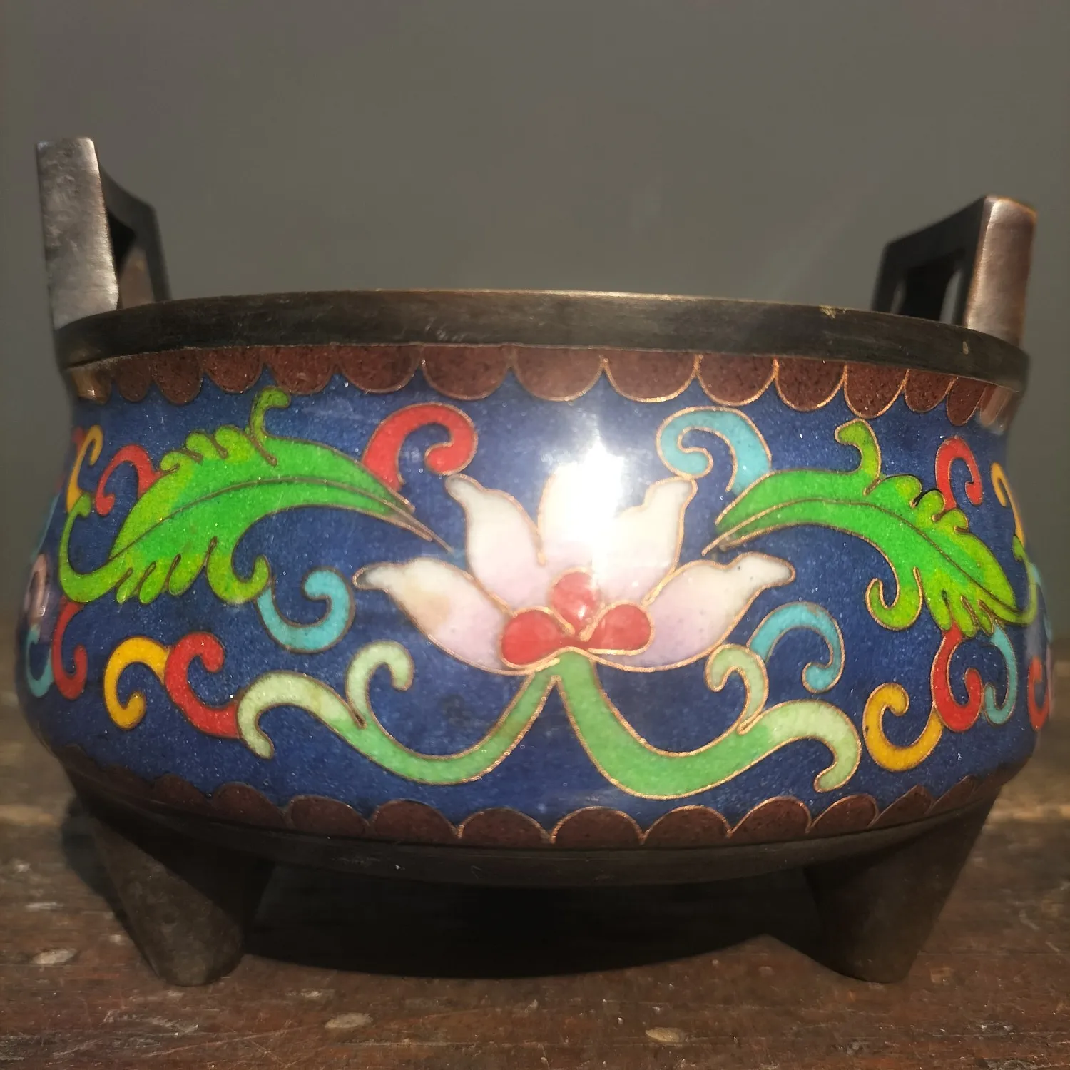 

5" Tibetan Temple Collection Old Bronze Cloisonne Enamel rich flowers binaural three-legged incense burner Town house Exorcism