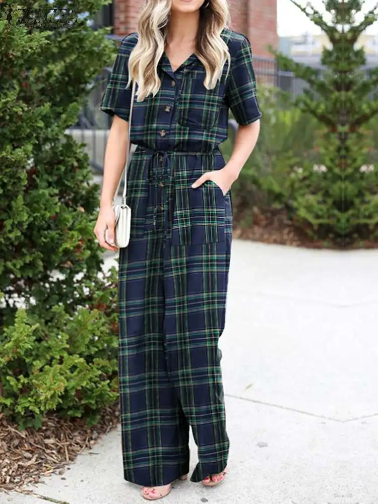 

ZANZEA Summer Short Sleeve Plaid Checked Jumpsuits Women Vintage Rompers Lapel Neck Drawstring Long Playsuits Loose Overalls
