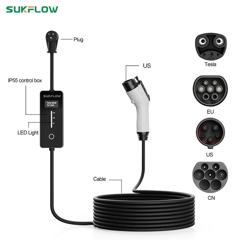 Стандартное портативное автомобильное зарядное устройство Sukflow Type 1 40 А 7 кВт