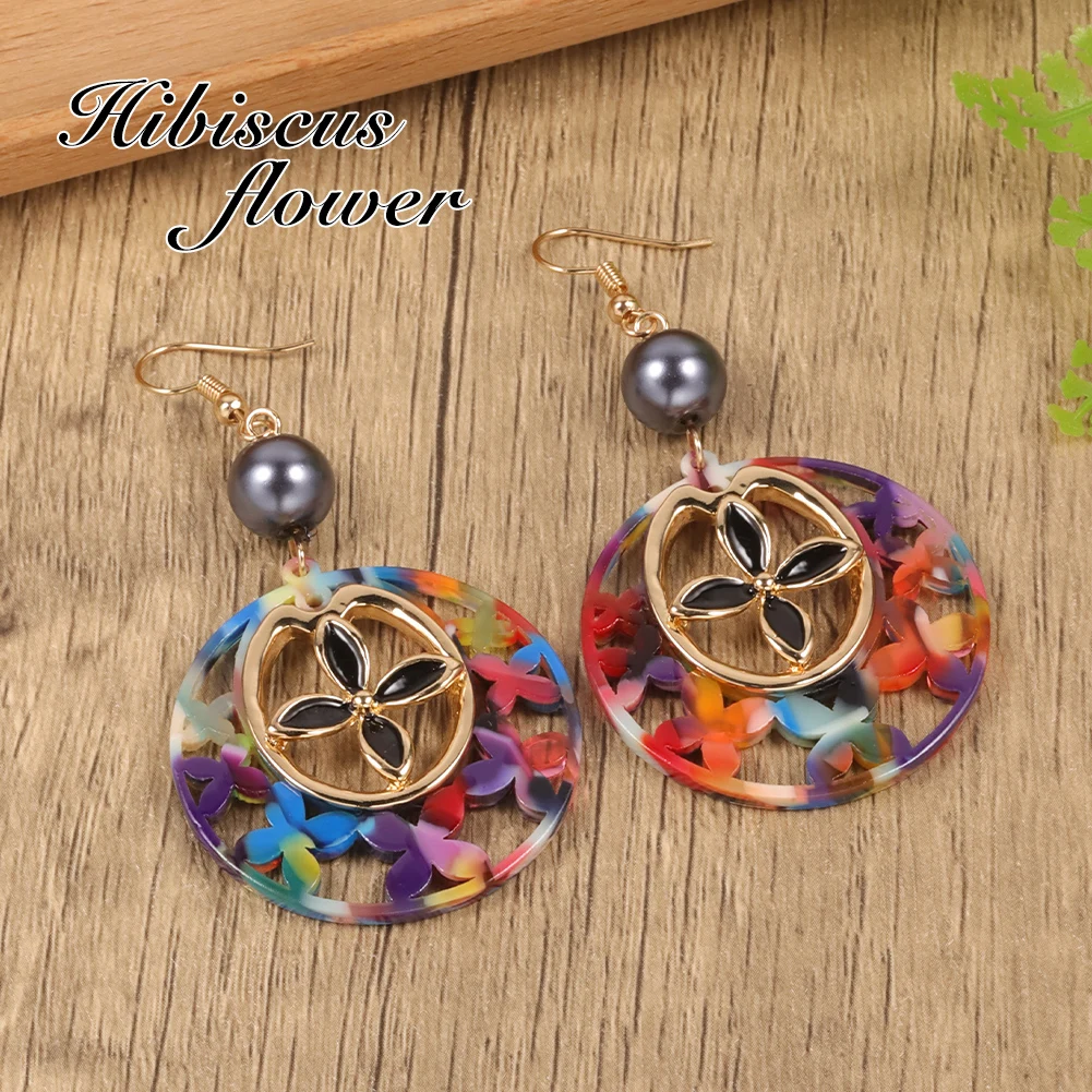 

Hibiscus Flower New Arrival Hawaiian Earing Acrylic Aesthetic Geometric Ear Jewelry Round Holiday Gifts Trendy Women Earrings