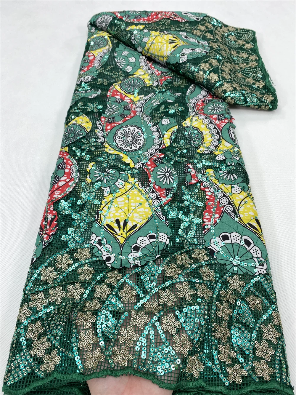 

Nigerian Sequins Lace Fabric 2022 High Quality Green African Tulle Embroidery Fabric For Wedding Dress Sewing Mesh 5 Yards 4893B