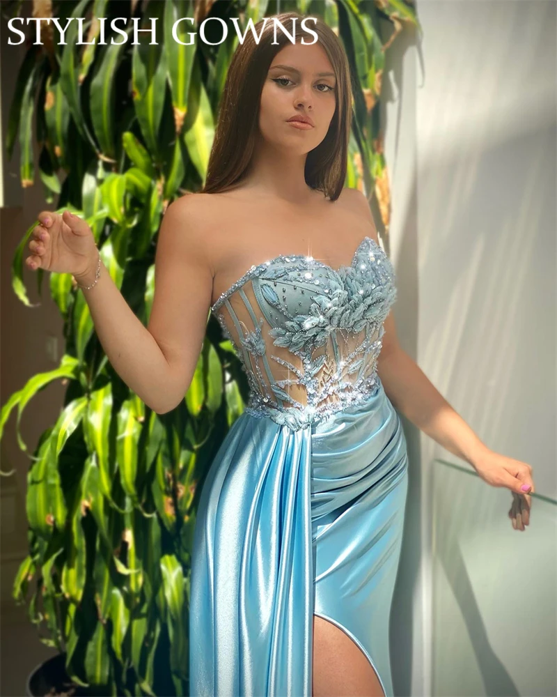 

Charming Blue Sweetheart Evening Gowns Beaded 3D Flowers Birthday Party Gown Pleats Prom Dress High Slit Dresses Robe De Bal