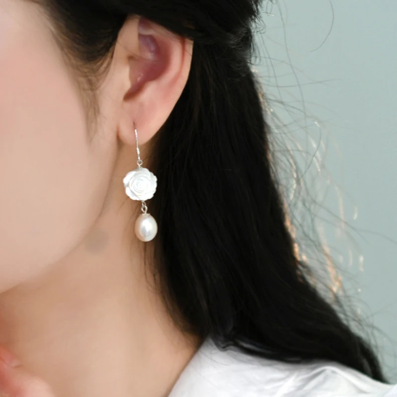

ASHIQI 925 Sterling Silver Natural Freshwater Pearl Shell Flower Earrings Fashion Jewelry for Women New Trend