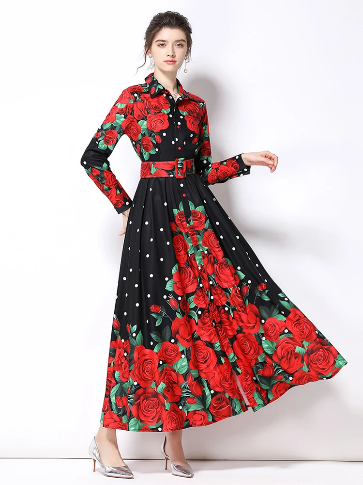

Women Vintage Print Dress Turn Down Neck Button Lantern Sleeve Long Robe Fashion Chic Flower Streetwear Maxi Dresses S6847
