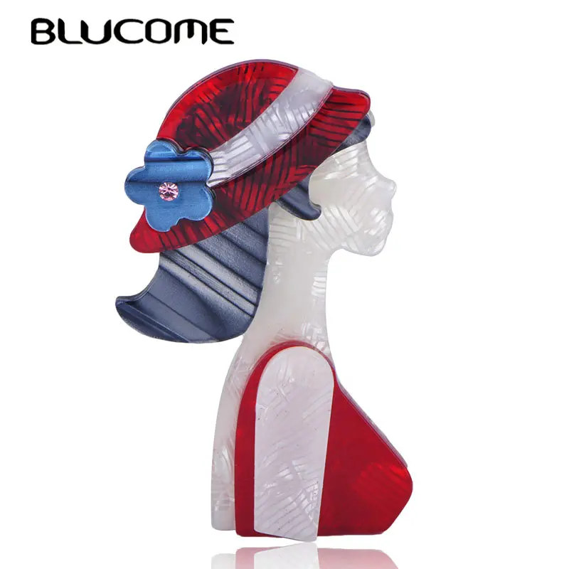 

Blucome Fashion Red Hat Girl Shape Brooch Natural Texture Acrylic Brooches Jewelry For Women Suit Coat Scarf Accessories Pins