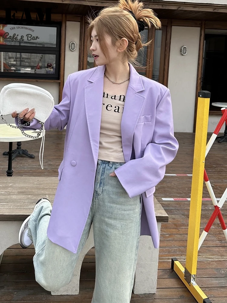 

[EAM] Women Purple Pu Leather Big Size Casual Blazer New Lapel Long Sleeve Loose Fit Jacket Fashion Spring Autumn 2023 1DF6202