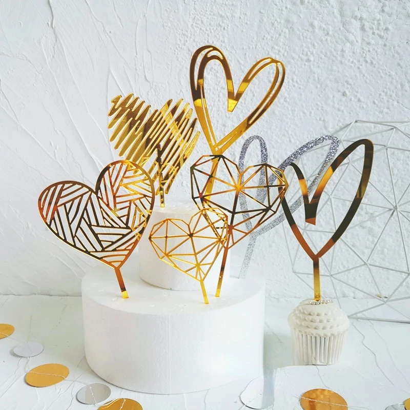 

Happy Birthday Acrylic Cake Topper Love Heart Gold Wedding Cake Topper for Valentine Anniversary Party Cake Decorations Gift