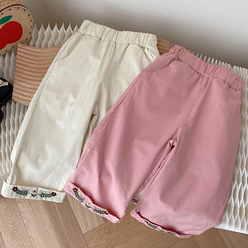 

Korean Style Solid Color Flower Embroidery Casual Fashion Pants Baby Girls Trousers Spring Autumn Kids Elastic Waist Trousers