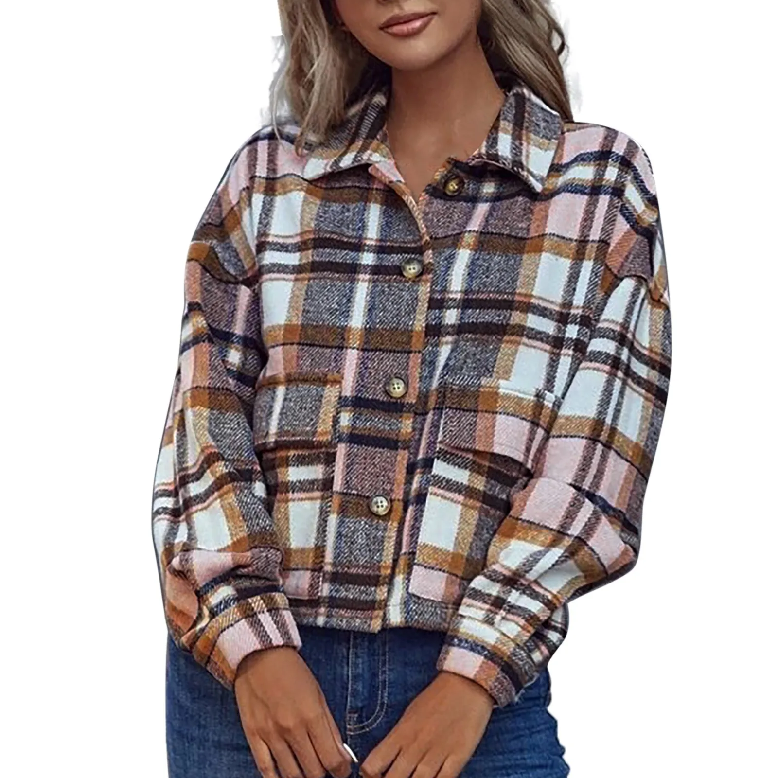 

Women Fall/Winter Long Sleeve Button Front Vintage Plaid Jackets Ladies Slim Fit Casual Jacket Shirts Single-breasted Outerwear