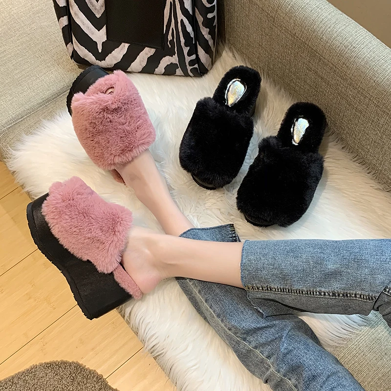 

Winter Wedge Sandals Women High-heeled Fur Slippers Fluffy Soft Platform Shoes Home Woman ry Flip Flops Buty