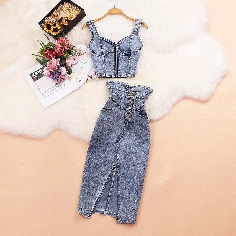 

Women New Sleeveless Denim Zipper Tops Suit Female Fashion Elegant Casual Two Piece Set Ladies Fashion Mini Skirts Suits A70
