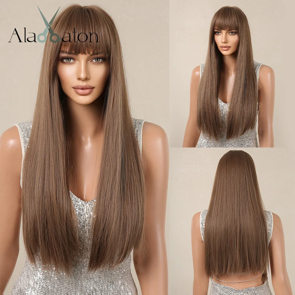 

ALAN EATON Long Brown Silky Straight Synthetic Wigs with Bangs for Women Natural Looking Brown Wig Daily Use Heat Resistant Hair