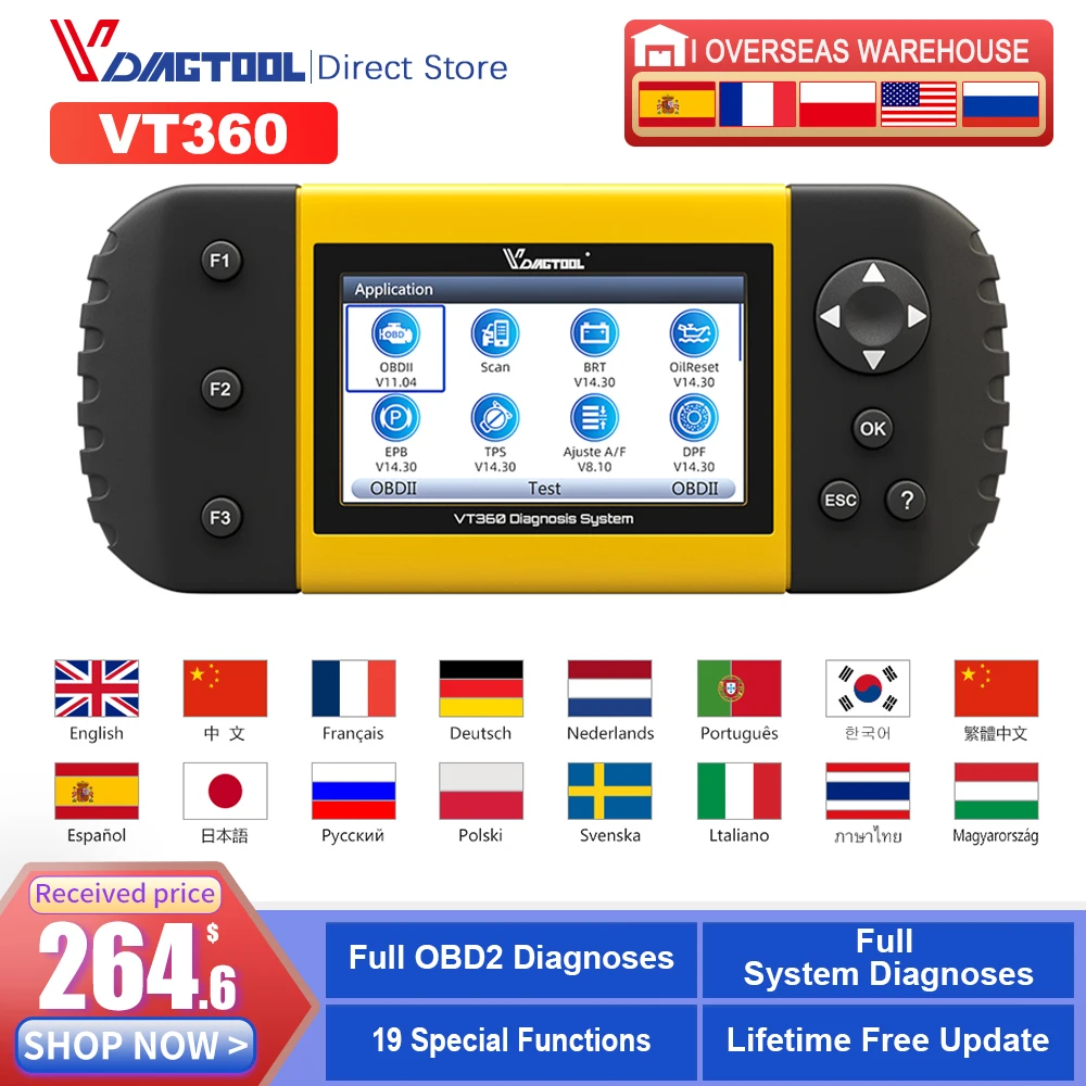 Автомобильный диагностический инструмент VDIAGTOOL VT360 OBDII, ABS подушка безопасности SAS BRT EPB DPF TPA TPMS OBD2, Автомобильный сканер