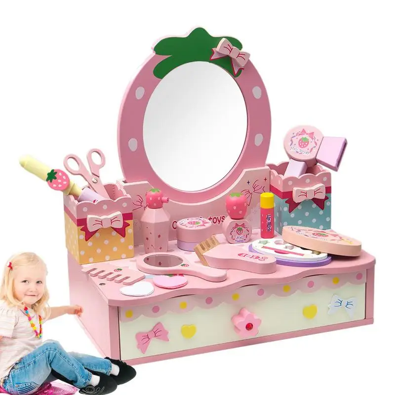 

14 PCS Smooth Wooden Makeup Toy Set Kids Playset Hairdressing Toys Kit Play House Pretend Play Set Girls Makeup Toys