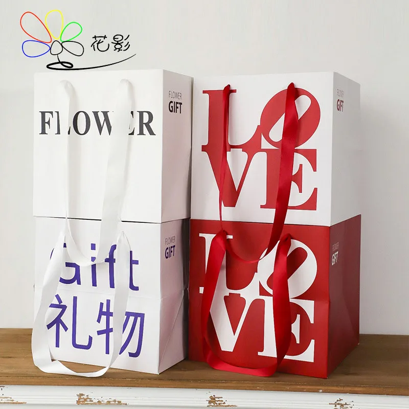 

5pcs Flower Packaging Boxes Floral Wrapping Cardboard Handy Gift Bag Square with Flower Love Letters for Wedding Lovers Gift Box