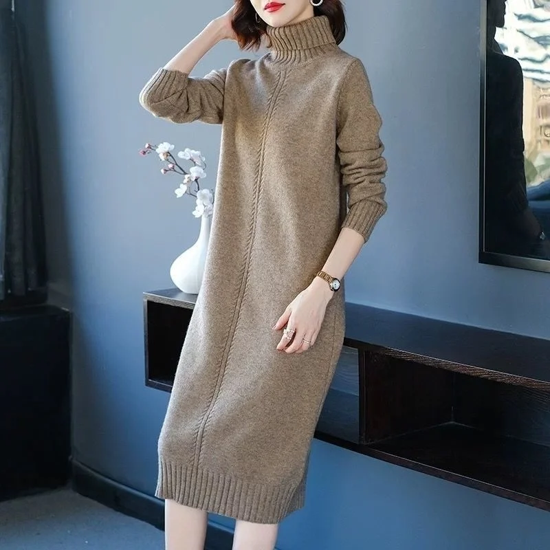 

Winter Autumn Fashion Thick High Collar Knit Sweater Dress Women Jumpers Ladies Long Sleeve Turtleneck Knitted Tops Female