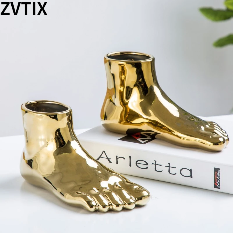 

Nordic Creative Foot Shaped Vase Ornaments Gold Plated Silver Craft Soft Design Jewelry Set Dried Flowers Modern Home Decor Best