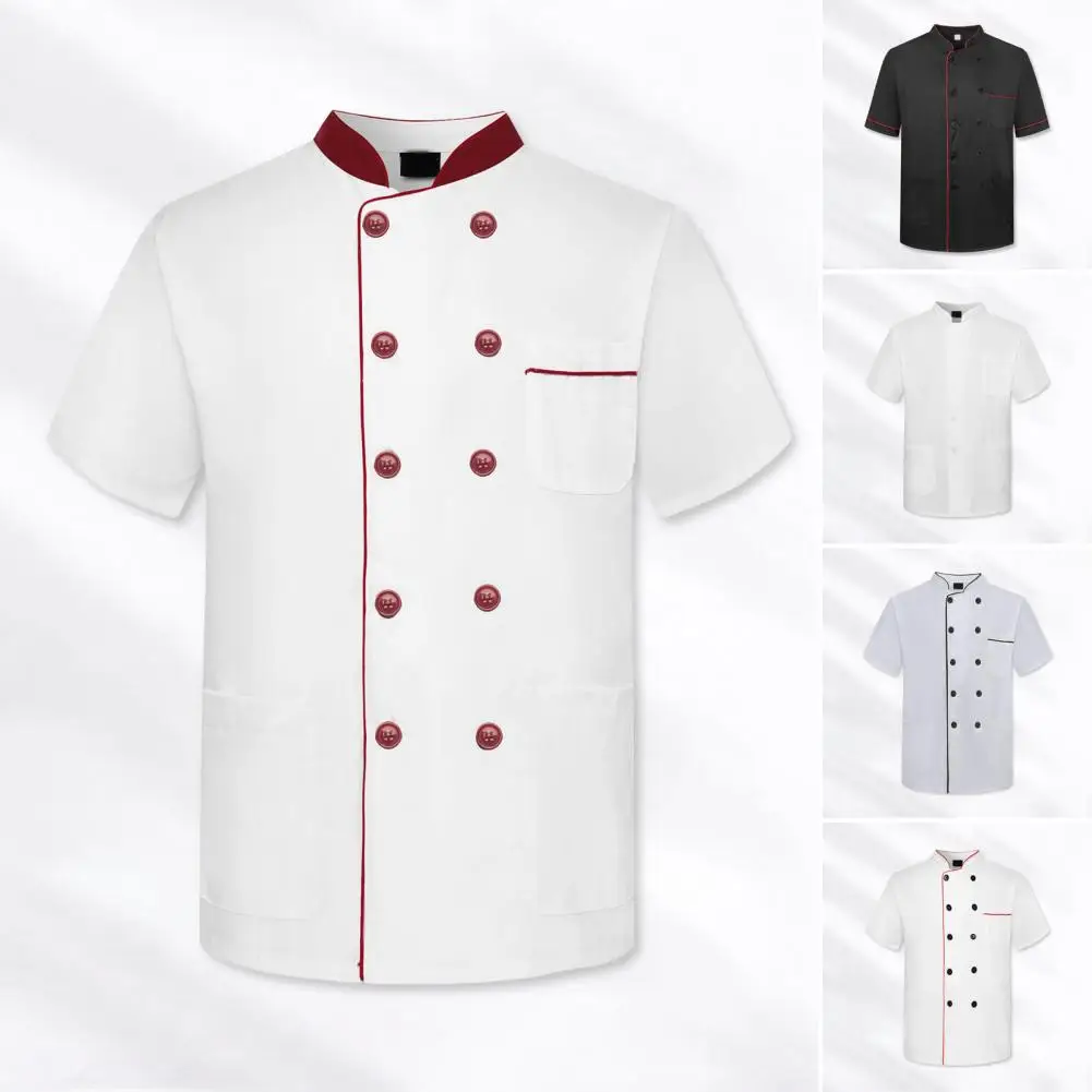 

Stylish Unisex Chef Uniforms with Stand Collar Double Breasted Design Patch Pockets Ideal for Restaurant Bakery Waiter
