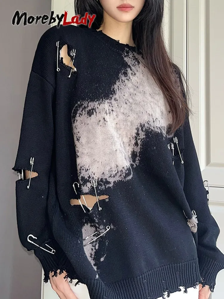 

Morebylady Tie Dye Hollow Out Sweater Women Long Sleeve Y2k Korean Style Knitted Pullover Hole Ladies Jumper Autumn Winter Tops