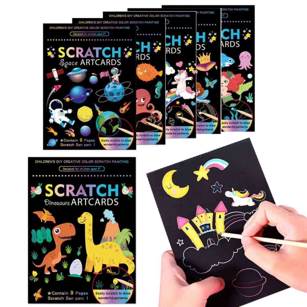

Magic Rainbow Color Scratch Art Painting Paper Card Kit Cartoon Drawing Board Coloring Books for Kids DIY Educational Toys Gifts