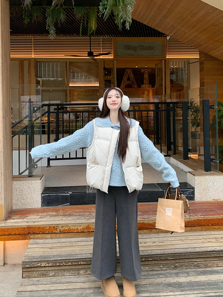 Плюс размер Huax Day Hair Синий кукольный воротник Вязаная женская осенне-зимняя