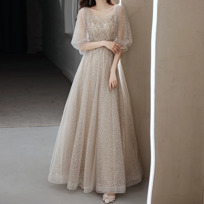 

Mesh Spliced Puff Sleeve Evening Dress Exquisite Appliques Prom Dress Classic Backless Slim Square Collar A Line Party Gown