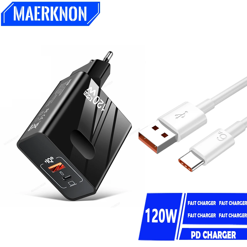

GaN 120W PD USB C Charger Quick Charging For Xiaomi 11 12 13 Huawei P60 2 Ports Wall Charger Adaptor For IPhone 13 14 15 Pro Max