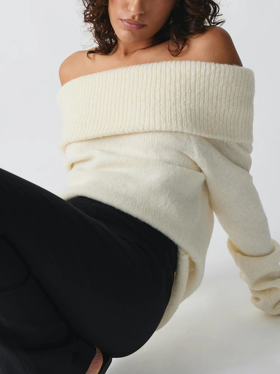 Женские свитера с открытыми плечами и длинными рукавами в рубчик осенние топы на