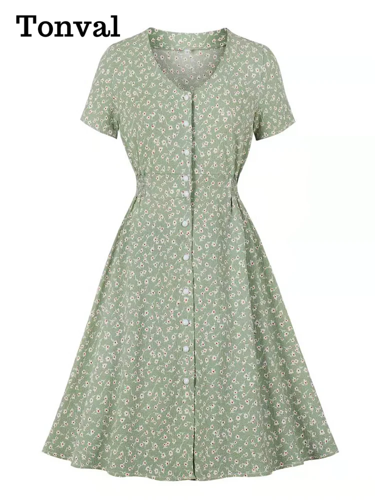 

Tonval Short Sleeve V-Neck Single-Breasted Floral Robe Femme A Line Summer Women Vintage Style Knee Length Dress in Green