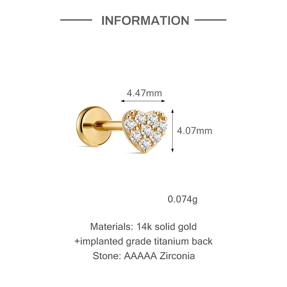 Фото Серьга-гвоздик CANNER из цельного золота 14K с плоской задней частью в форме сердца, для пирсинга хеликса, трагуса, конча, лабрета, с внутренней резьбой, титан G23, украшение для уха с фианитами №4