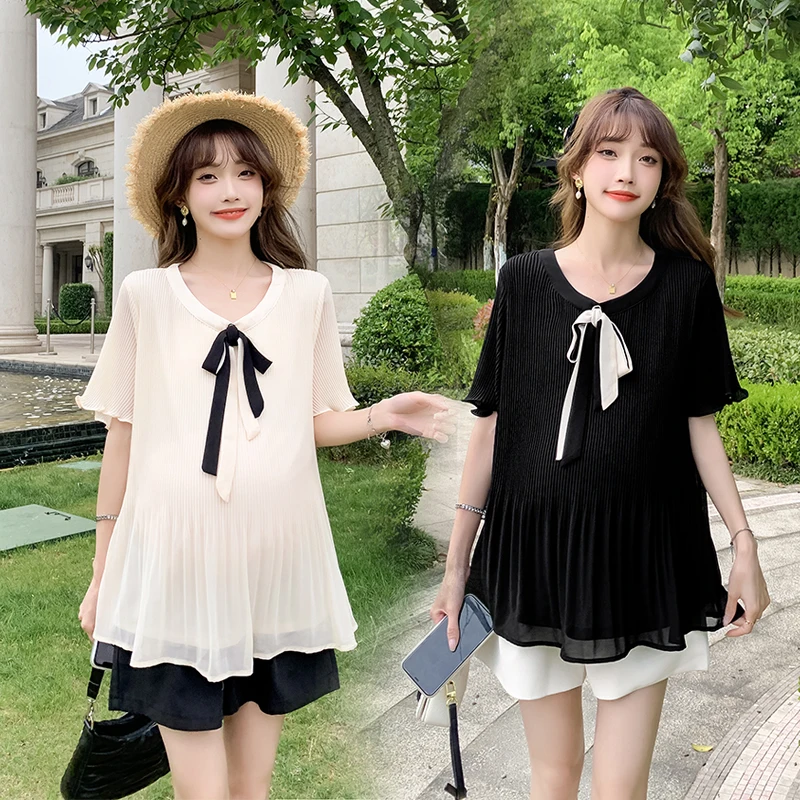 805# Summer Korean Fashion Chiffon Maternity Blouses Sweet Chic Ins Loose Shirt Clothes for Pregnant Women Pregnancy Tops Tunic