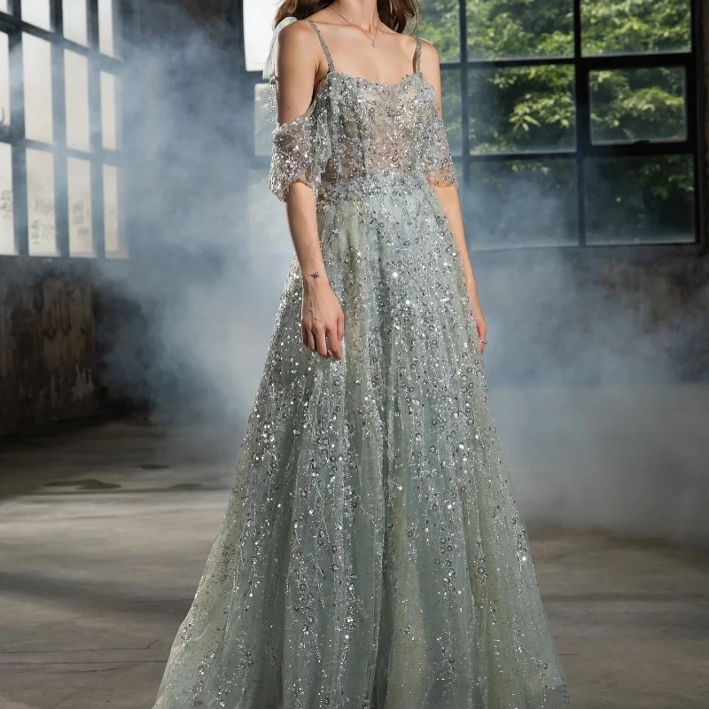 

Luxury Dubai Spaghetti Strap Light Green Evening Dress Sleeves Beads Arabic Formal Dresses for Women Wedding Party Prom Dress