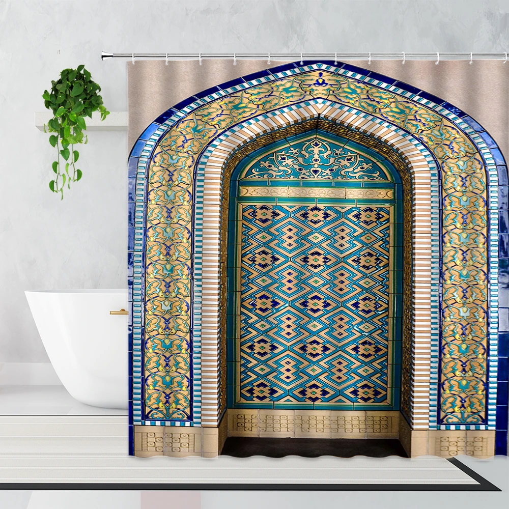 

3D Moroccan Shower Curtain Aged Gate Doorway Design Entrance Architectural Oriental Style Bathroom Curtains Geometric Pattern